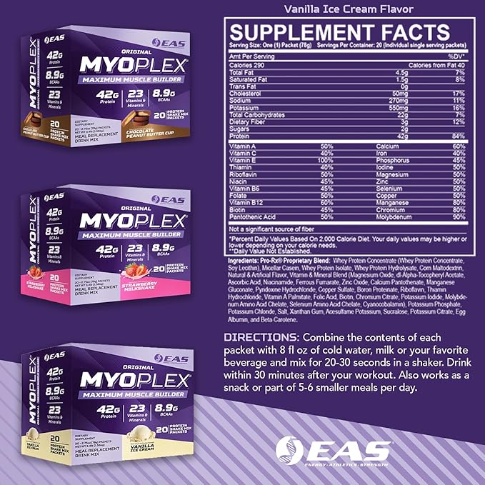 Original Myoplex Maximum Muscle Builder | Meal Replacement Protein Drink Mix | Quality Protein Blend | 42g Protein | 20 Individual Packets (Strawberry Milkshake)