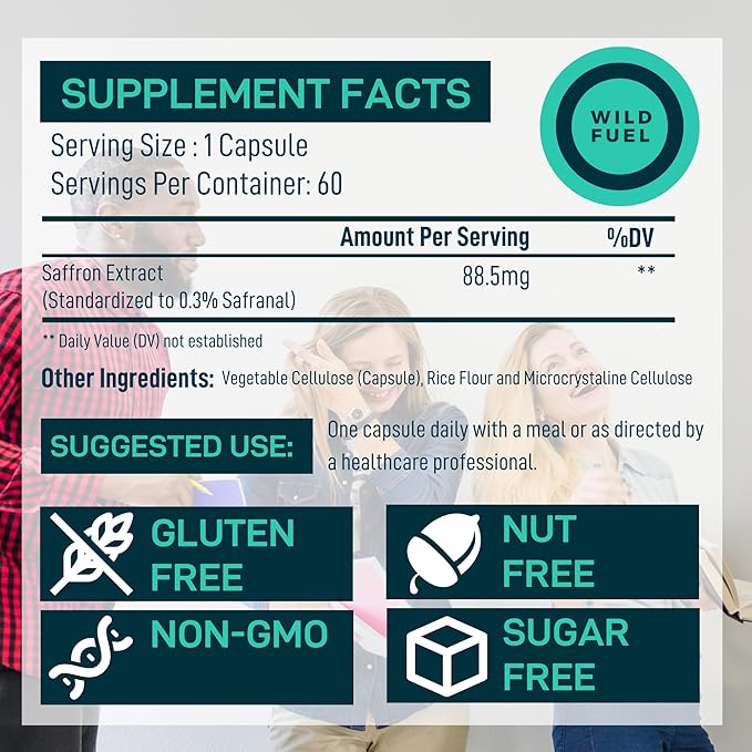 Pure Saffron Extract Antioxidants Supplement - Eye Health, Energy and Mood Support Happy Saffron - 0.3% Safranal 88.5mg Organic Saffron Supplements -120 Day Gluten-Free, Non-GMO Vegan Saffron Capsules