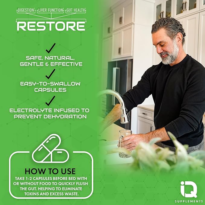 Restore 2 In 1 Colon Cleanse & Detox w/ Psyllium - Supports Digestion, Debloating & Constipation Relief for Women & Men, Gut Detox Cleanse w/ Magnesium | Electrolyte Infused Colon Cleanser & Detox