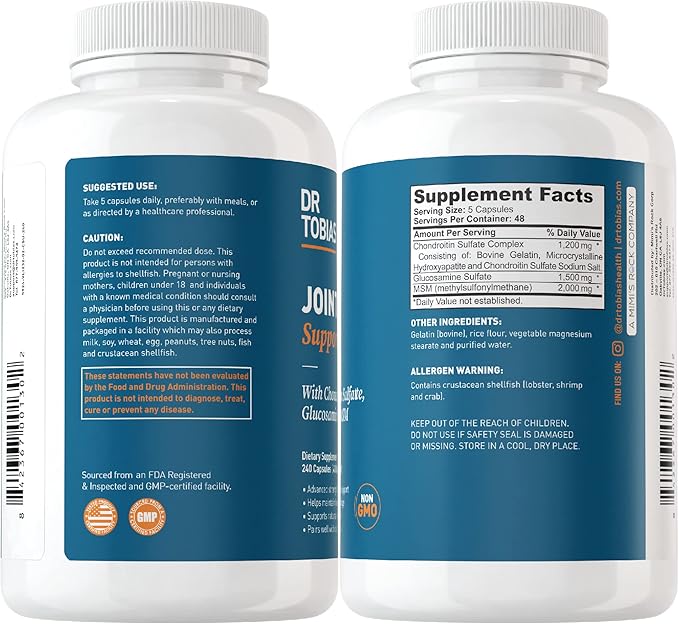 Dr. Tobias Joint Support Supplement with Glucosamine Chondroitin MSM, Supports Joint Health, Function & Flexibility, Extra Strength Joint Supplements for Men & Women, 240 Capsules