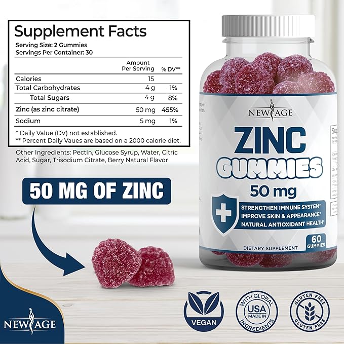 NEW AGE Zinc Gummies - 50mg High Immune Booster Zinc Supplement, Immune Defense, Powerful Natural Antioxidant, Non-GMO - by New Age (60 Count (Pack of 1))