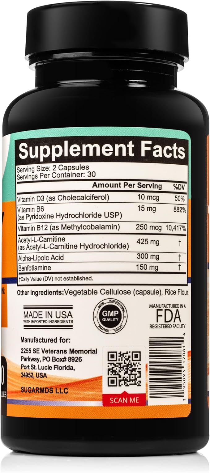 SugarMD Neuropathy Support Supplement – 60 Nerve Supplement Capsules with Alpha Lipoic Acid, Benfotiamine & Vitamin D3 B6 B12 - Nerve Support Supplement for Feet, Hands, Fingers & Legs - 30 Day Supply