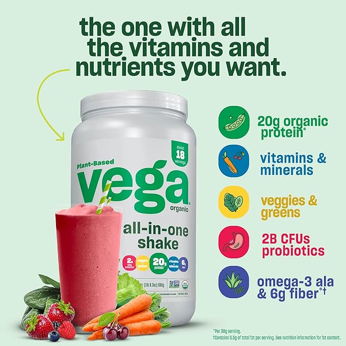Vega Organic All-in-One Vegan Protein Powder, Mocha - Superfood Ingredients, Vitamins for Immunity Support, Keto Friendly, Pea Protein for Women & Men, 1.6 lbs (Packaging May Vary)