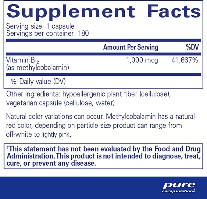 Pure Encapsulations Methylcobalamin 1,000 mcg - Vitamin B12 Supplement to Support Memory & Nerve Health - Premium Vitamin B12 Capsules - 180 Capsules