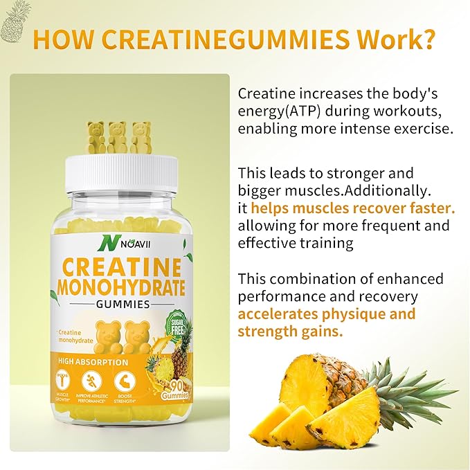 Creatine Monohydrate Gummies 5000mg for Men & Women, Chewables Creatine Monohydrate for Muscle Strength, Muscle Builder, Energy Boost, Pre-Workout Supplement(90 Count)-Pineapple