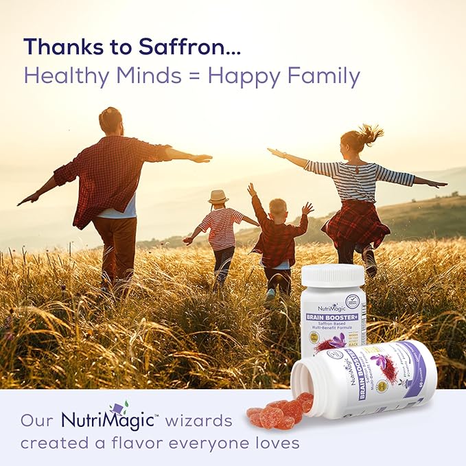 Kids Brain Booster 2IN1 Saffron Extract Nootropic & Multivitamin for Focus, Memory, Attention, Mood - Pure Saffron Gummies for Brain Health Support w/Vitamin D3, B6, B12, Zinc - 60 Gummies