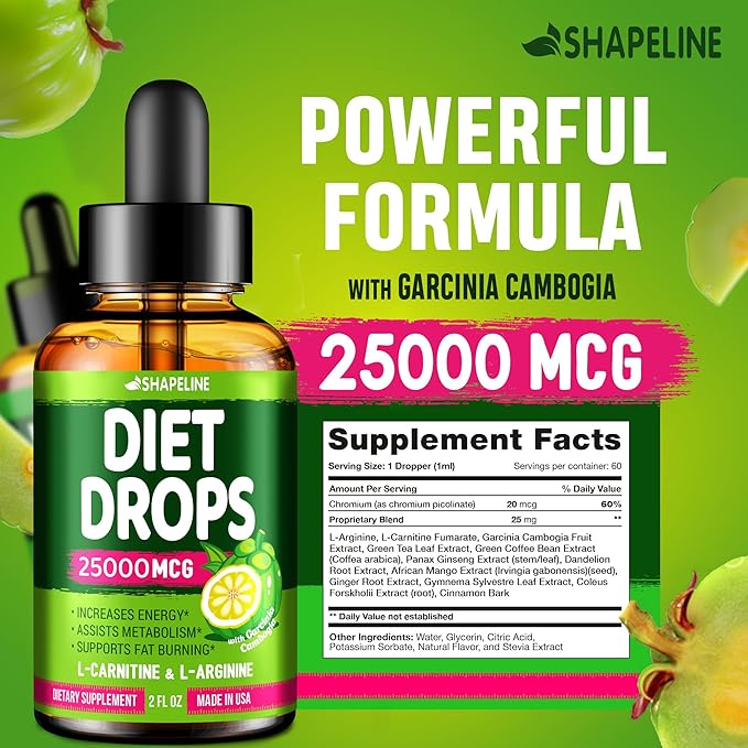 (Pack of 2) Diet Drops - Made in USA - Appetite Suppressant for Women & Men - Diet Drops with Garcinia Cambogia, L-Arginine & L-Glutamine 2 Fl Oz