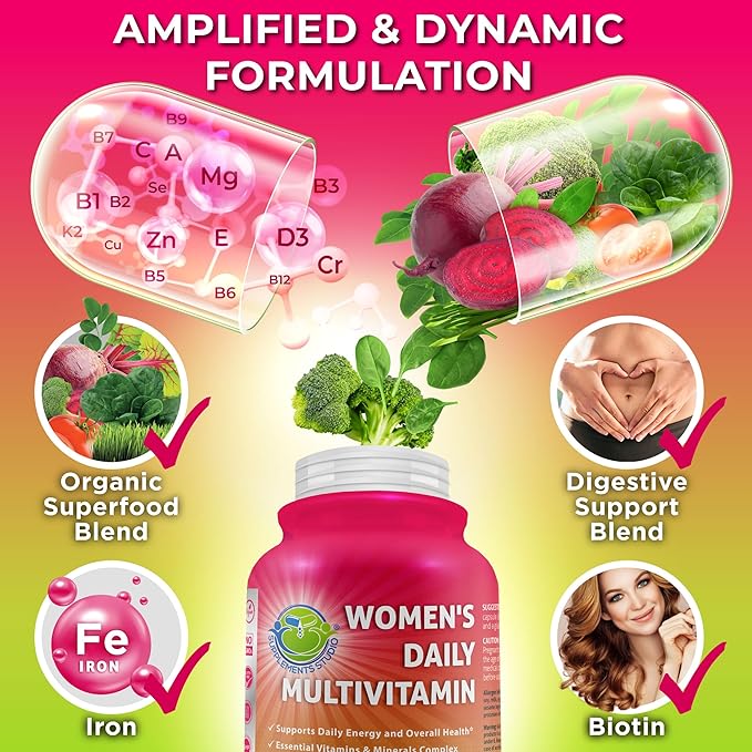 Women's Daily Multivitamin with Iron - Vegan Multivitamin for Women with Biotin, Organic Superfoods, B-Complex, Probiotics, Enzymes - Energy, Immunity, Gut Health Support - Easy to Swallow Capsules