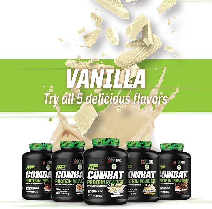 MusclePharm Combat Protein Powder, Vanilla Flavor, Fuels Muscles for Productive Workouts, 5 Protein Sources Including Whey Protein Isolate & Egg Albumin, Gluten Free, 2 lb, 26 Servings