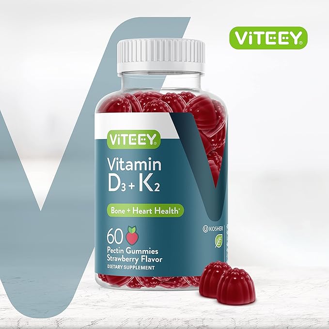 Vitamin D3 K2 Gummies - 1000 IU Vitamin D3 and K2 100mcg - Bone & Heart Health for Adults and Teens - Vegetarian, Gelatin Free, GMO Free - Tasty Chewable D3K2 Vitamins Strawberry Flavored Gummy