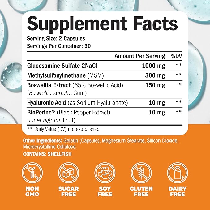 Glucosamine Sulfate with Hyaluronic Acid, Bioperine, MSM & Boswellia. 5-in-One Joint Support Supplement. Antioxidant & Inflammatory Support - Joint Health, Flexibility and Comfort. 2 Pack