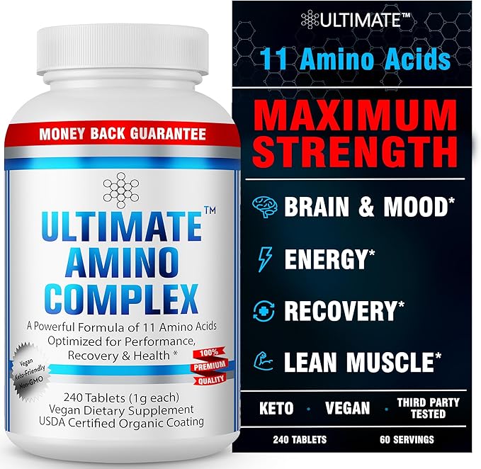 Ultimate Amino Complex Supplement - 240 Easy-to-Swallow, Flavorless 1g Tablets - All 9 Essential Amino Acids Plus Cystine & Tyrosine - 2:1:1 BCAA Ratio - Increase Energy & Muscle - Vegan & Non-GMO