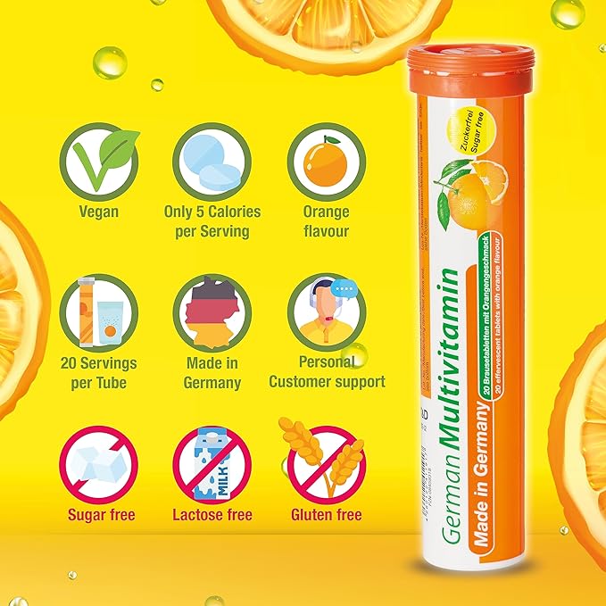 German Vitamin, Minerals - 240 Vegan/Vegetarian Drink Effervescent Tablets - Mixed Fruit Flavor Box - Made in Germany