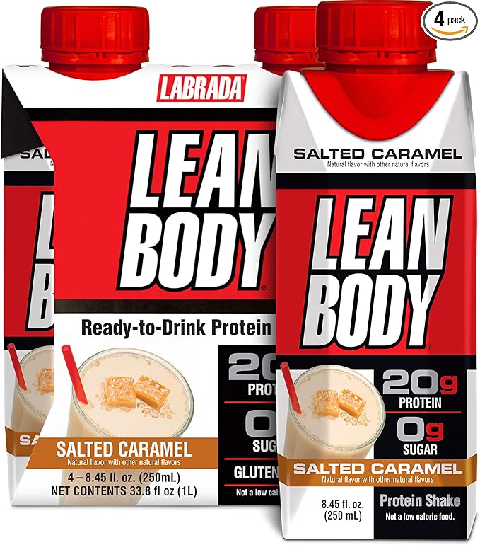 Lean Body Ready-to-Drink Salted Caramel Protein Shake, 20g Protein, Whey Blend, 0 Sugar, Gluten Free, 22 Vitamins & Minerals, (Recyclable Carton & Lid - Pack of 4)
