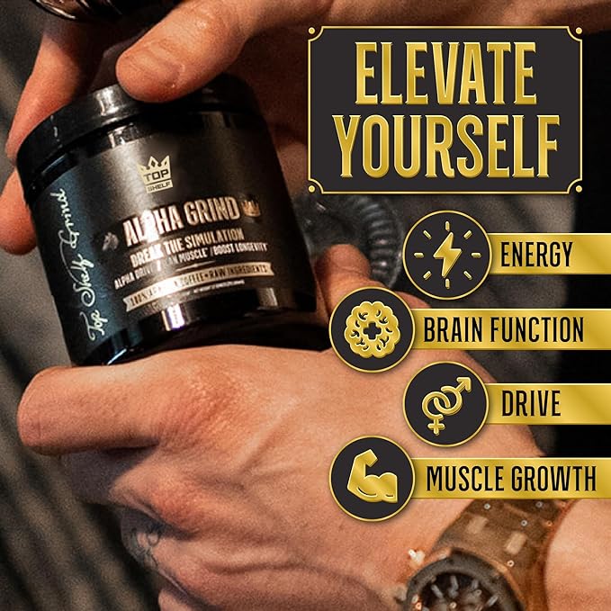 Alpha Grind – Instant Maca Coffee for Men + Natural Energy + Brain Nootropic for Ageless Clarity, Focus | Lean Muscle Building Growth & Size, 30SV