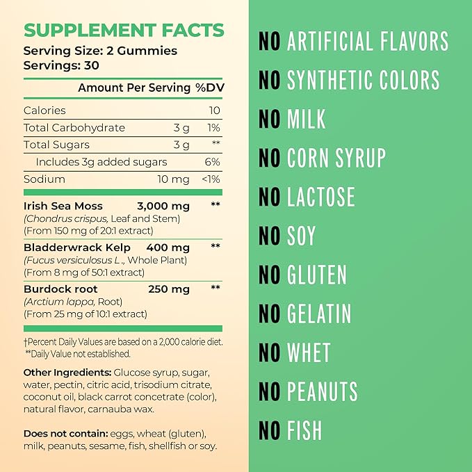 Irish Sea Moss Gummies with Burdock Root & Bladderwrack for Immune Support, Energy Boost, Skin & Hair, Detox - Adult Women & Men, Kids 60pcs