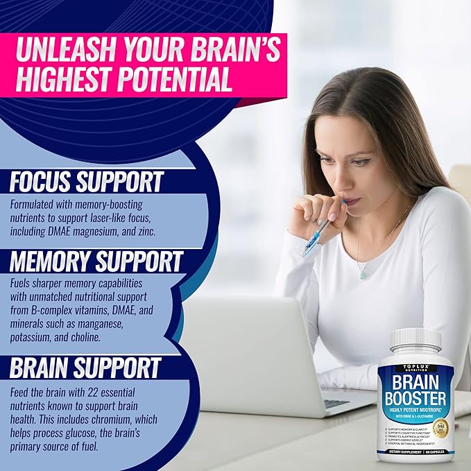 Toplux Brain Supplement Nootropic – Brain Pills Vitamin with DMAE, Bacopa Monnieri, L-Gutamine, for Men Women, 60 Capsules, Nutrition