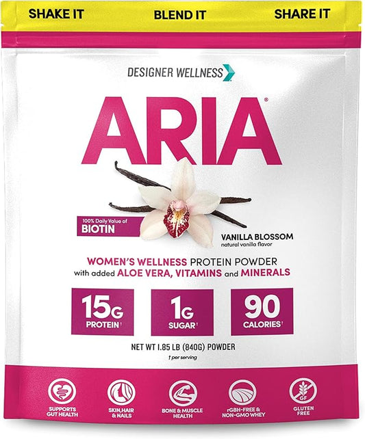 Designer Wellness, Aria, Women's Wellness Low Calorie Vanilla Protein Powder with Biotin, Vitamin C and Organic Aloe, Vanilla Blossom, 1.85 Pound