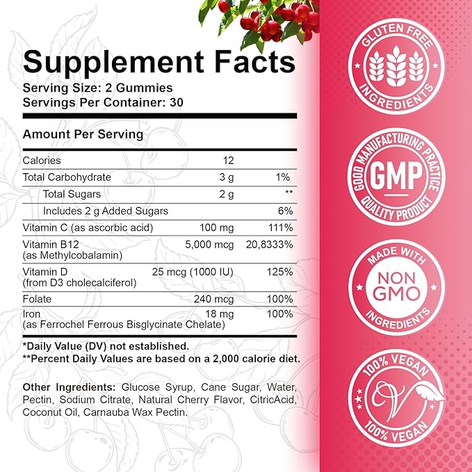 Vitamin B12 Gummies - 5000 mcg Methylcobalamin with Iron, Vitamin C, D3 & Folate, Energy Support and Metabolism, Immune, B-12 Complex Chewable Supplement for Men & Women, 120 Count, 2 Pack
