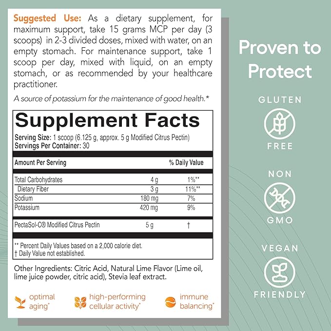 PectaSol Modified Citrus Pectin – 184g Lime Powder – Total-Body Health Supplement to Support Heart, Immune System, Inflammation Response & Healthy Aging + Maintain Healthy Galectin-3 Levels