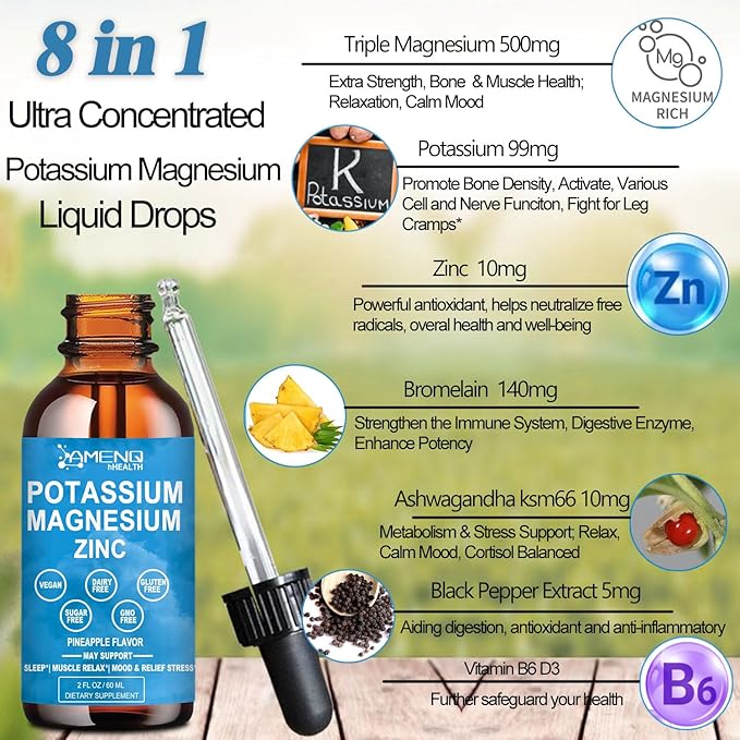 2 Packs Potassium Magnesium Supplement Liquid w/ 500mg Triple Complex Magnesium & Potassium 99mg Plus Bromelain, Ashwagandha,D3 B6 & Zinc for Leg Cramps& Muscle Health, Cortisol Balanced & Zzz