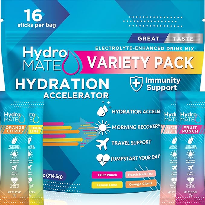 HydroMATE Electrolytes Powder Packets Low Carb Hydration Accelerator Drink Mix Party Relief Plus Vitamin C Variety Pack 16 Sticks