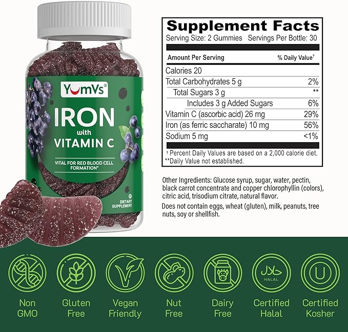 VumVs Iron Gummies for Women and Men - Grape Flavor - 10 mg Chewable Iron Supplement for Women Gummies with Vitamin C - Kosher, Gluten Free - Blood Builder Iron Supplement Gummies (60 Count), 2 Pack