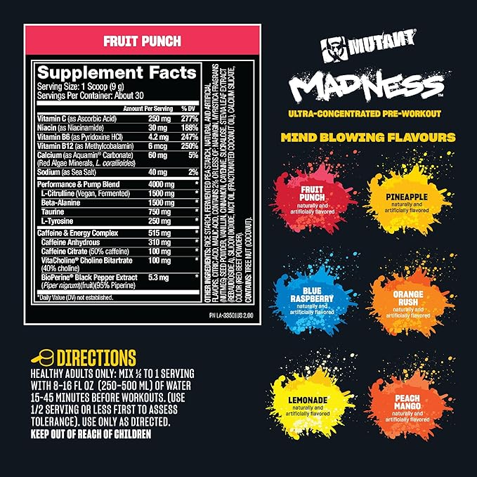 Mutant Madness | Pre Workout Powder Supplement Performance and Pump Blend Includes L-Citrulline, Beta-Alanine, Taurine, L-Tyrosine | 30 Serving | Lemonade