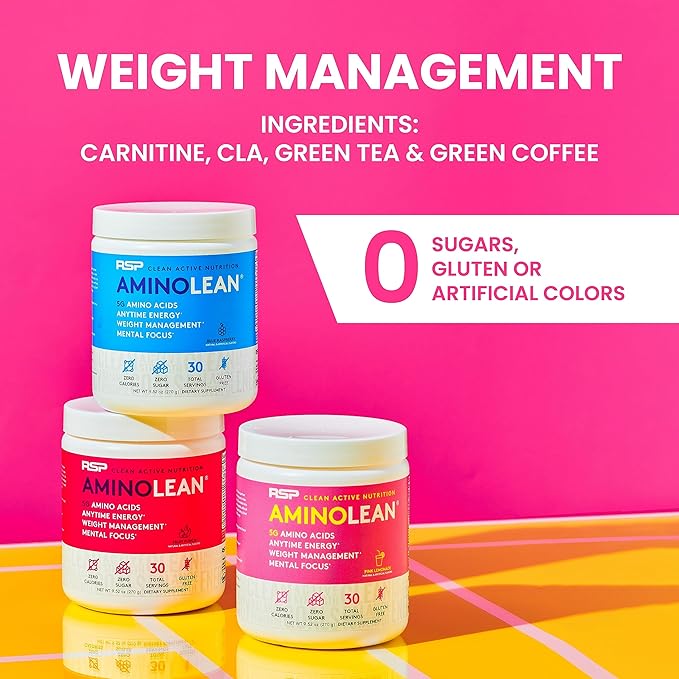 RSP NUTRITION AminoLean Pre Workout Powder, Amino Energy & Weight Management with Vegan BCAA Amino Acids, Natural Caffeine, Preworkout Boost for Men & Women, 30 Serv, Pink Lemonade…