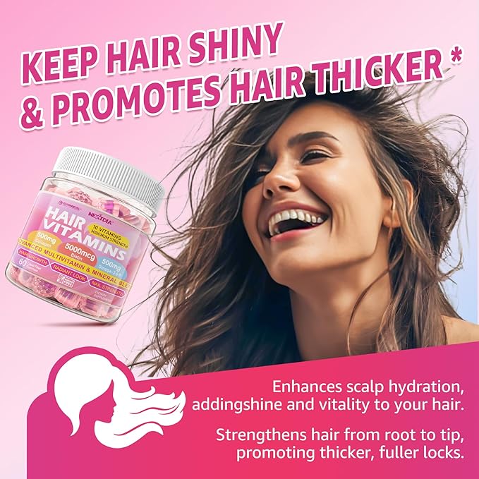 Hair Vitamins Gummies + Collagen Peptides, Biotin, Omega-3 6 9 for Women Men/w Vitamin A, C, B, Iron, Zinc - Multivitamin Gummies for Follicles, Hair Growth & Strength, Skin, Nails Health - 60Cts