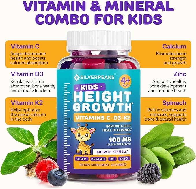 Height Growth Gummies for Kids - Growth Vitamins for Teens Height Growth Supplement - Height Growth for Kids with Calcium, Vitamin D, C, K2, Magnesium & Zinc - Natural Height Growth Maximizer - 60 PCS