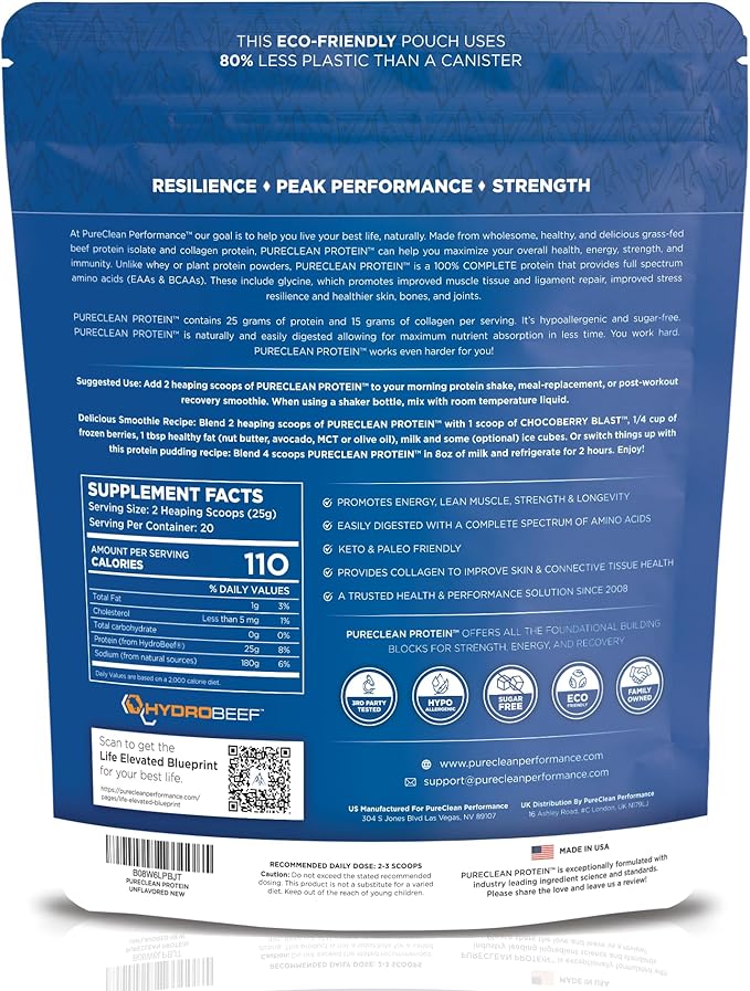 PureClean Protein 25G Organic Grass Fed Beef Bone Broth Protein from Swedish Cattle - Paleo, Keto-Friendly, Gluten-Free, Sugar-Free, Dairy-Free - Enhanced with Collagen Peptides - (2 Bags Unflavored)