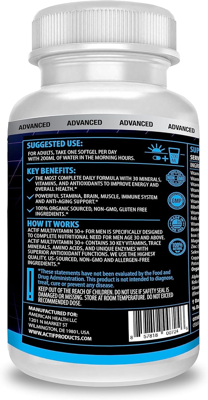 ACTIF Organic Multivitamin for Men Age 30+ with 30 Organic Vitamins and Organic Herbs, Non-GMO, Made in USA, 90 Count
