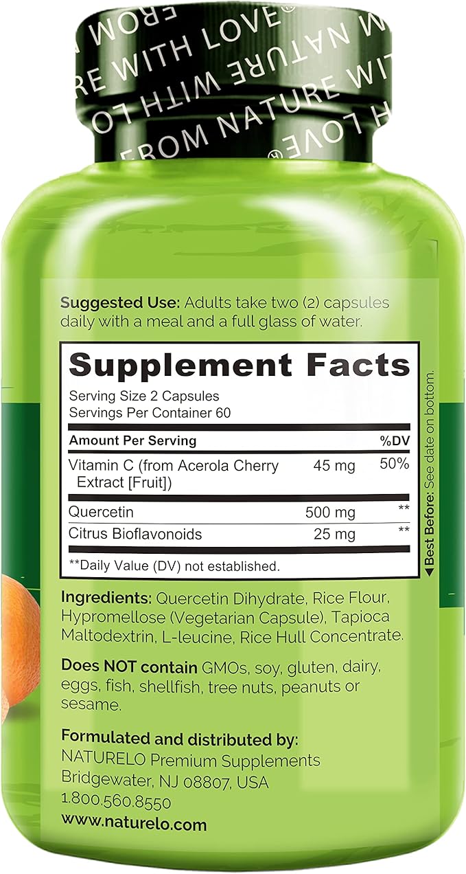 NATURELO Quercetin Citrus Bioflavonoid Supports Immune Health and Overall Well Being* 120 Quercetin 500mg Capsules