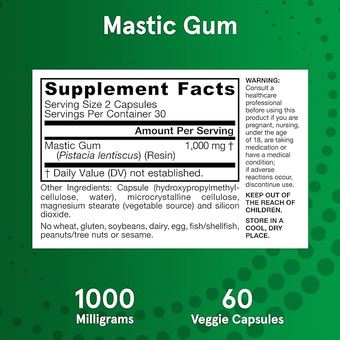 Jarrow Formulas Mastic Gum 1000 mg, Dietary Supplement for Gastrointestinal Health Support, 60 Veggie Capsules, 30 Day Supply