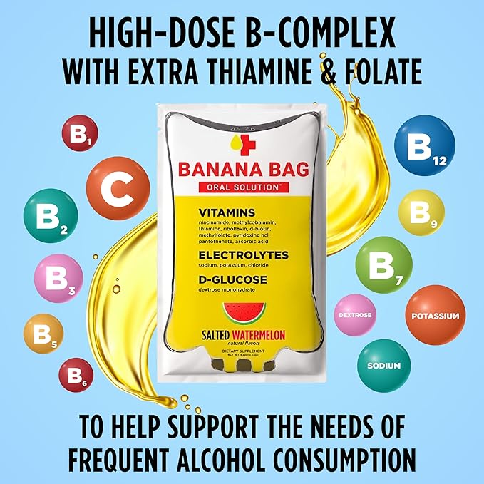 Banana Bag Oral Solution Recovery Packets - I.V. Alternative - Salted Watermelon 60pk: Pharmacist-Formulated for Fast Energy Boost, Rehydration & Wellness. Electrolytes + Vitamin C + Strong B-Complex