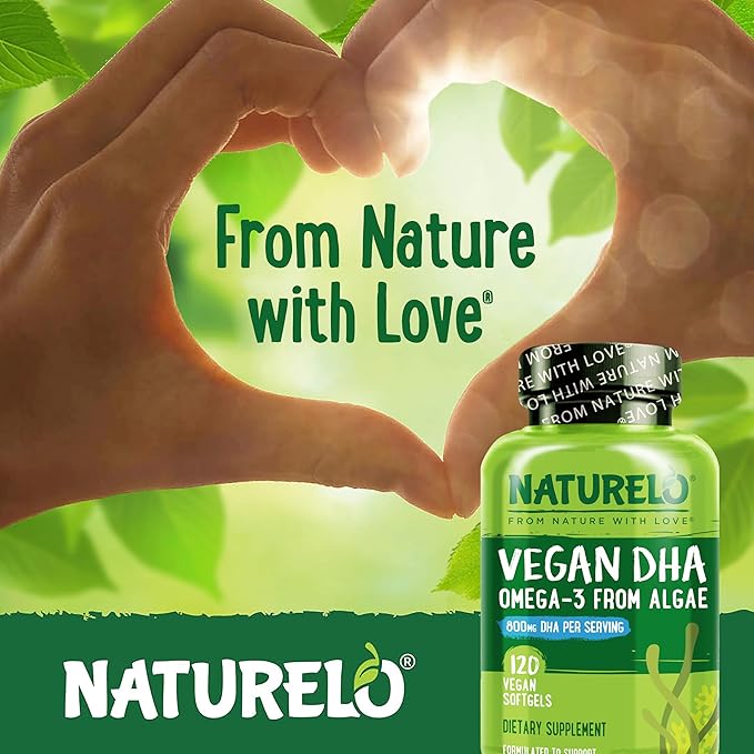 NATURELO Vegan DHA - Omega 3 Oil from Algae - Supplement for Brain, Heart, Joint, Eye Health - Provides Essential Fatty Acids for Women Men and Kids - Complements Prenatal Vitamins - 120 Softgels