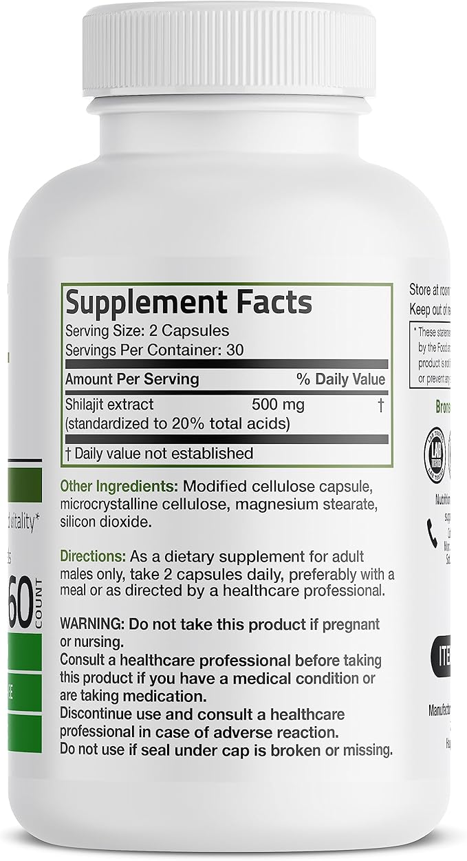 Bronson Shilajit Extract 500 MG Per Serving, Supports Energy Production & Vitality, Standardized to 20% Total Acids, Non-GMO, 60 Vegetarian Capsules