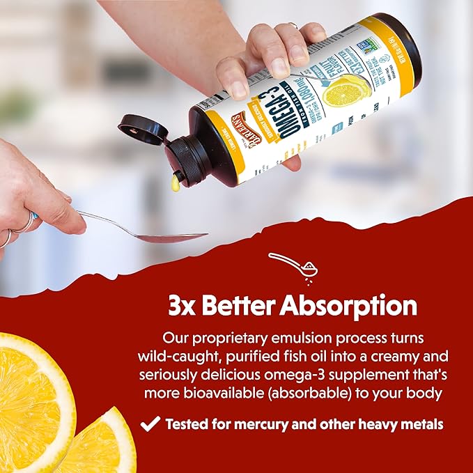 Barlean's Lemon Crème Omega 3 Fish Oil Liquid Supplement, 1080mg of Omega 3 EPA & DHA Fatty Acid, Smoothie Flavored & Burpless for Brain, Joint, & Heart Health, 16 oz