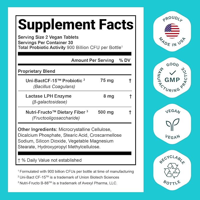 Probiotics for Women and Men - with Natural Lactase Enzyme & Prebiotic Fiber for Digestive Health - 80%+ Stronger Supplement for Gut Health Support - Vegan Raw Probiotic Formula, 3 Count of 60 Tablets