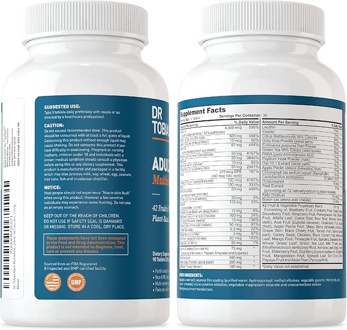 Dr. Tobias Adult Multivitamin for Women & Men, Energy & Immune Support from 42 Fruits & Vegetables Plus Probiotics, Comprehensive Daily Multivitamins for Men & Women, Non-GMO, 180 Tablets, 60 Servings
