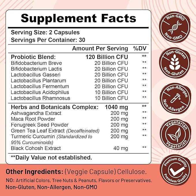Menopause supplements for women, 120 Billion CFU Probiotic, 13-in-1 Herbs & Botanicals Complex, for Hormone Menopause, Hot Flashes, Night Sweats, Mood Swings, Sleep Disturbances, Vegan, 120 Caps