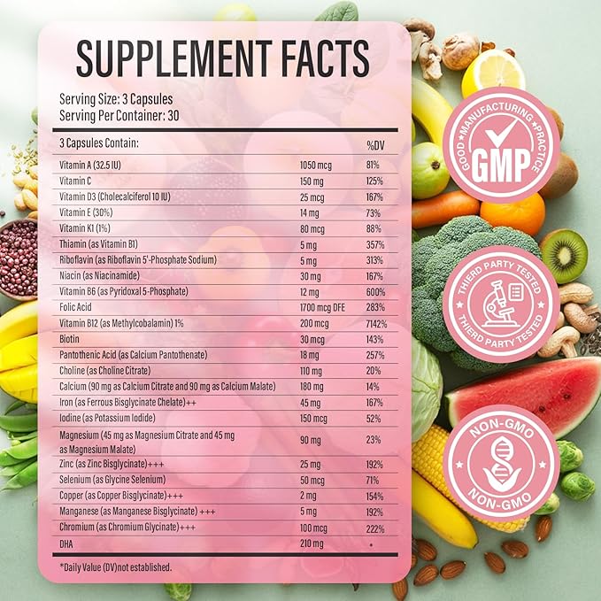 Prenatal Vitamins for Women multivitamin with Folic Acid DHA Choline for Pregnant and Breastfeeding Women Niacinamide Biotin and Minerals 27 in 1 Needed Supplement 90 Capsules-49