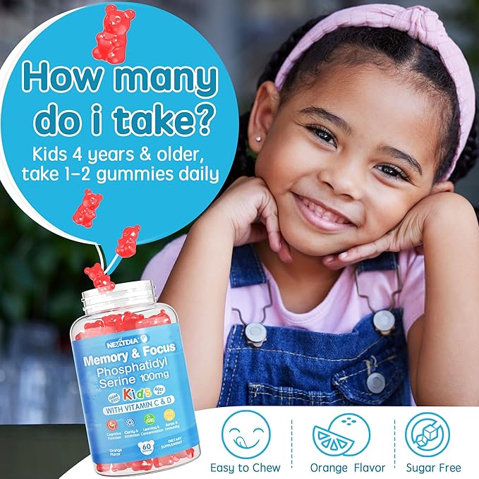 Phosphatidylserine Supplement 100mg, Focus Gummies for Kids Teens + Vitamin C & D3 400IU, Sugar Free Kids Brain Gummies Increase Attention & Concentration, Chewable, Vegan, Gluten Free, Non-GMO 2 Pack