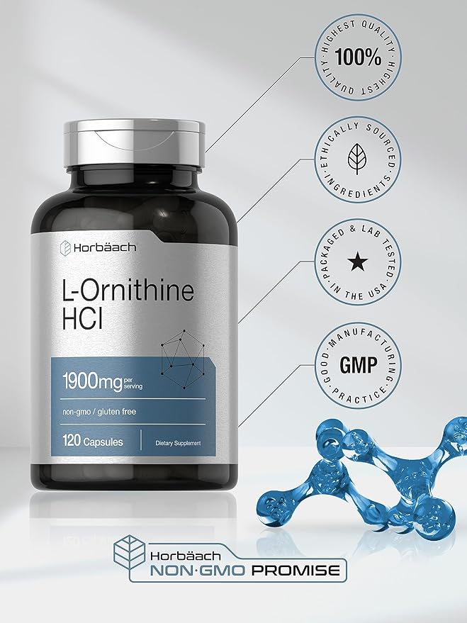 Horbäach L Ornithine HCl | 1900mg | 120 Capsules | Non-GMO & Gluten Free Supplement
