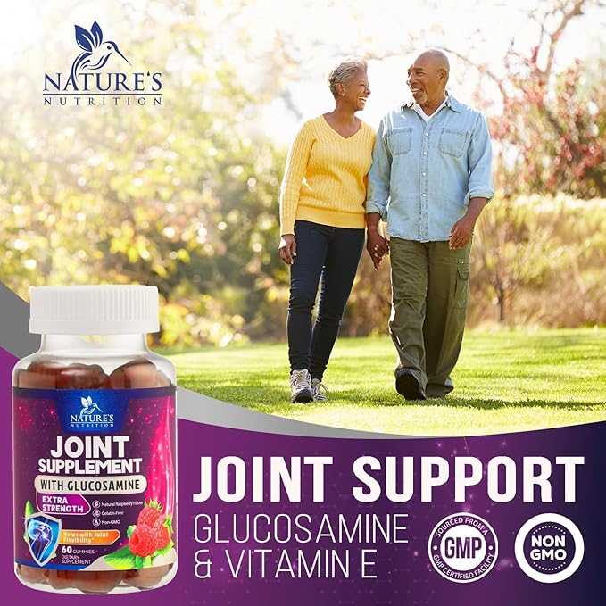 Joint Support Gummies Glucosamine Plus Vitamin E - Nature's Joint Support Supplement for Occasional Discomfort for Back, Knees & Hands - Cartilage & Joint Health & Flexibility Support - 60 Gummies