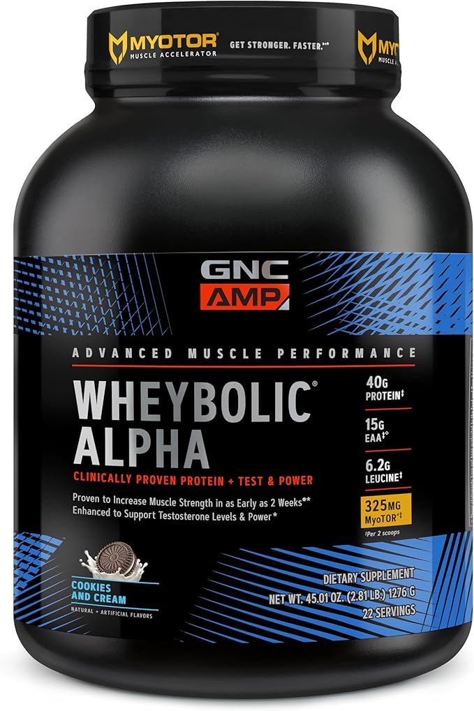 GNC AMP Wheybolic Alpha Whey Protein Powder with MyoTOR | Targeted Muscle Building and Workout Support Formula with BCAA | 40g Protein | Cookies and Cream | 22 Servings