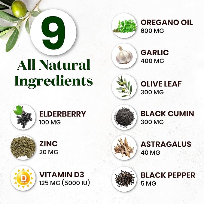 Oregano Oil 6000mg Garlic Extract 4000mg Olive Leaf 3000mg Black Seed Oil 3000mg Astragalus-Immune Support & Digestive Health Supplement for Women and Men- 120 Count