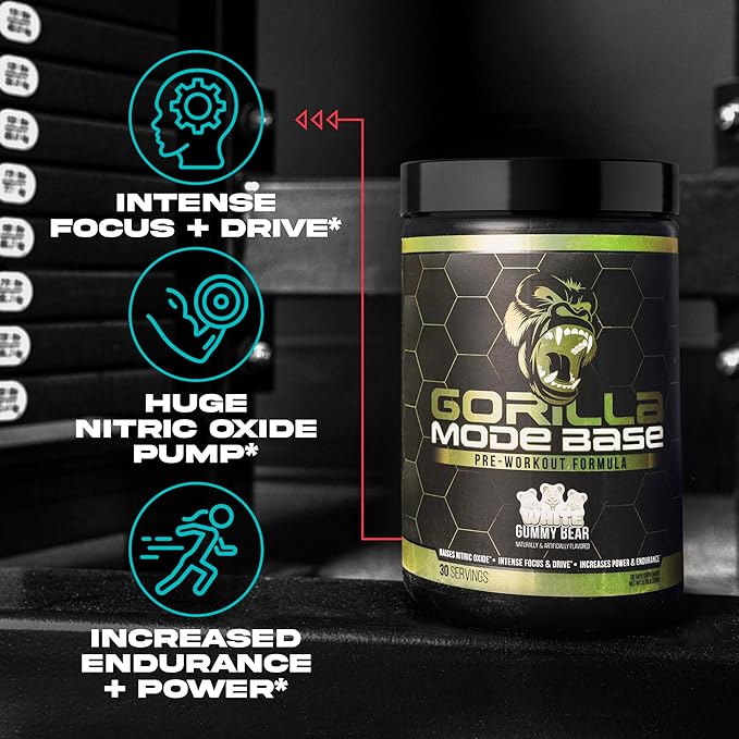 Gorilla Mode Base Pre Workout - Raises Nitric Oxide · Intense Focus & Drive · Endurance · Power - L-Citrulline, L-Tyrosine, Betaine, Alpha-GPC, Caffeine, Huperzine A - 360 Grams (Bombsicle)