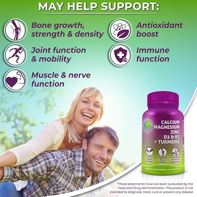 Plant-Based Calcium 500mg (Aquamin) - Vegan Calcium Magnesium Zinc D3 + Vitamin K2, Organic Turmeric & BioPerine - Supports Enhanced Bone Health & Strength for Women and Men - 90 Count